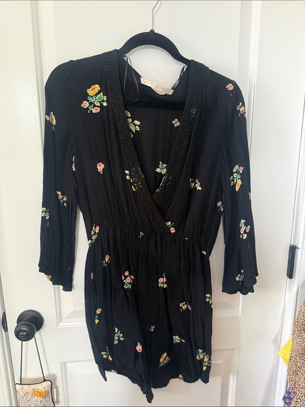 Zara Black Floral Crochet-Trim V-Neck Romper
